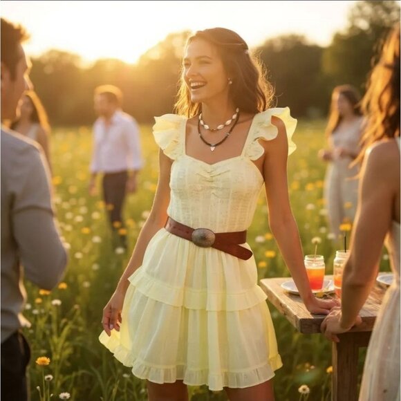 Mabel Lemon Ruffle Mini Dress w/ Tiered Skirt & Square Neckline – Desert Bloom M - Picture 3 of 6